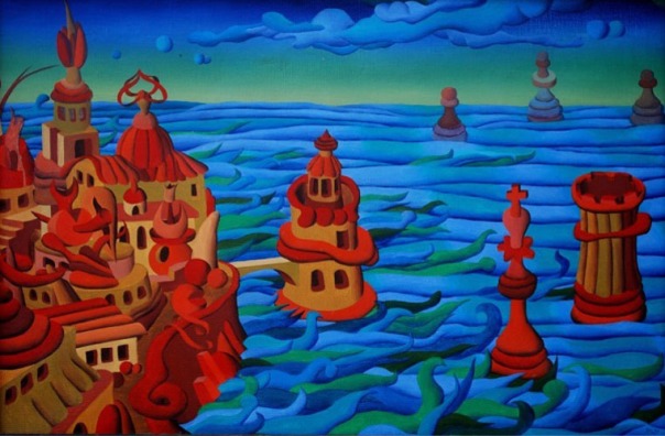 Chess, painting by Austrian artist Werner Horwath influenced by Phantastic Realism